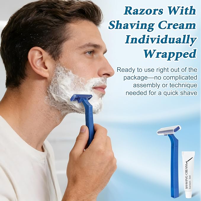 Disposable Razors Bulk, Razors Individually Wrapped Bulk With Shaving Cream, For Hotels, Shelters, Homeless, Nursing Homes, Charities, Churches, Blue (100-PACK)