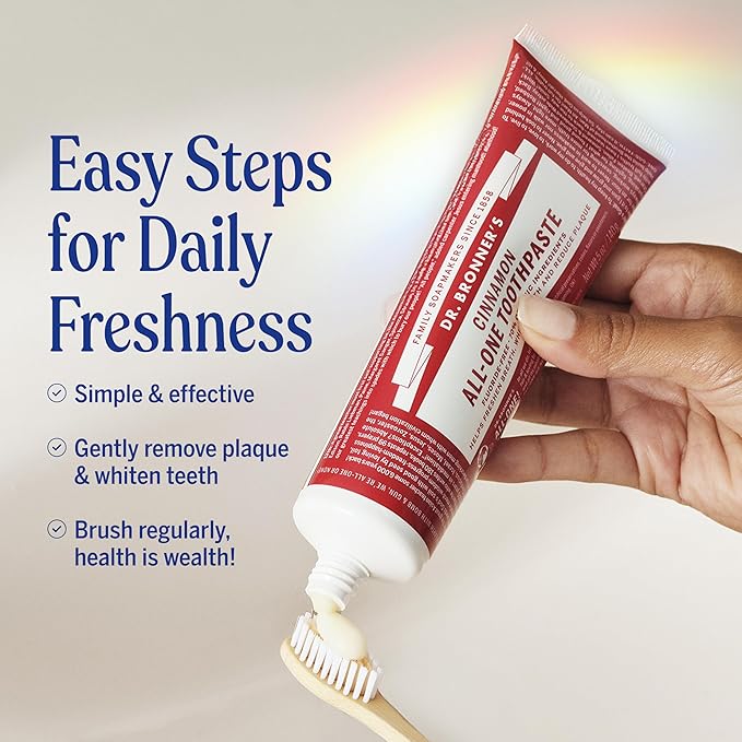 Dr. Bronner’s All-One Toothpaste – Cinnamon, 5 oz, 1-Pack – Fluoride-Free Toothpaste for Adults, SLS-Free, 70% Organic & Natural Ingredients, Vegan, Helps Freshen Breath, Reduce Plaque, Whiten Teeth