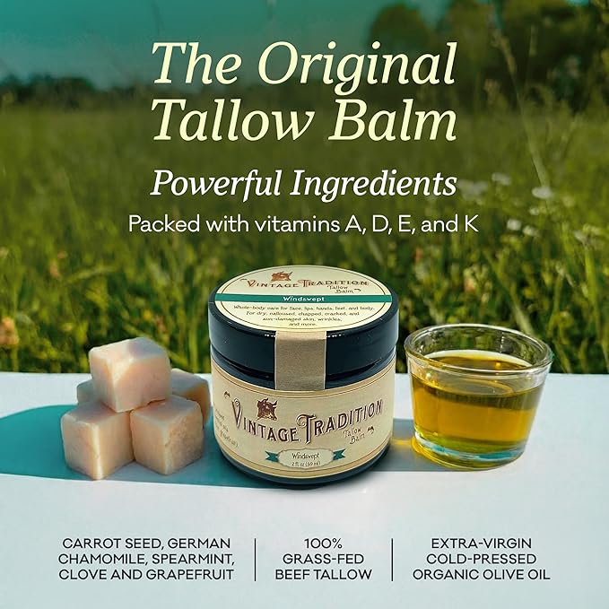 Vintage Tradition Beef Tallow All Purpose Balm - Healing, Hydrating Weather-Protecting Skin Care Salve Replaces Body Lotion, Hand Cream, More - Essential Oil, Olive Oil, and Grass-Fed Tallow, 2 fl oz.