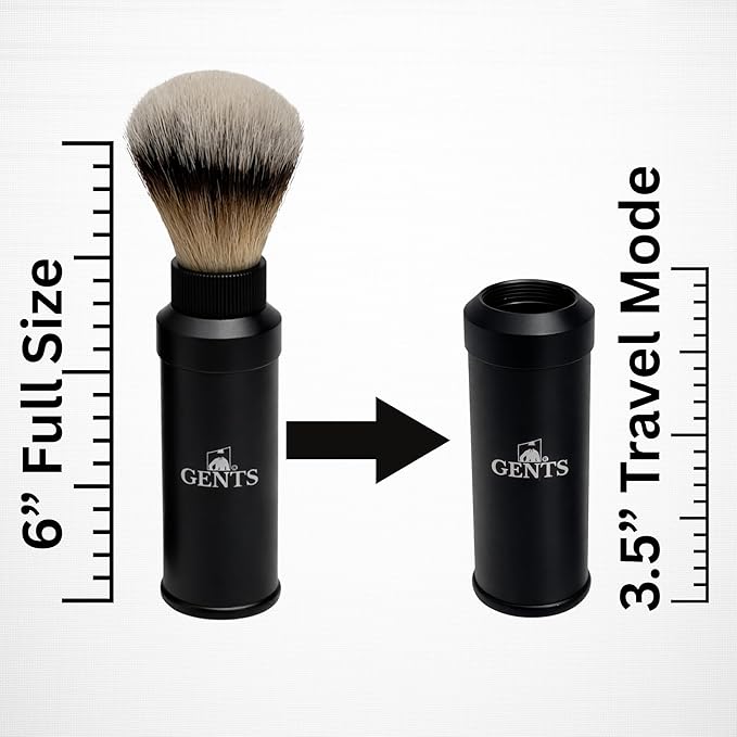 GENTS Travel Shaving Brush with Collapsible Canister – Synthetic Bristles, Compact Portable Wet Shaving Brush for Men, Chrome-Style Travel Grooming Brush for Home, Gym & Hotel Use (Black, 6 Inches)