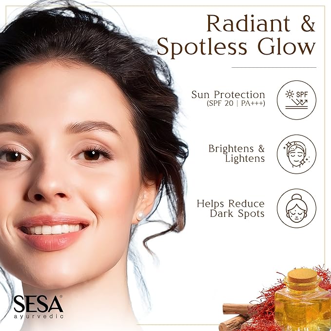 SESA 8% Kumkumadi Kesar Day Cream SPF 20 & PA++ Skin Brightening Ayurvedic Face Moisturizer Face Cream Sun Damage Hydrating with Saffron Lotus Sandalwood for Woman and Men, 50 gm or 1.69 oz
