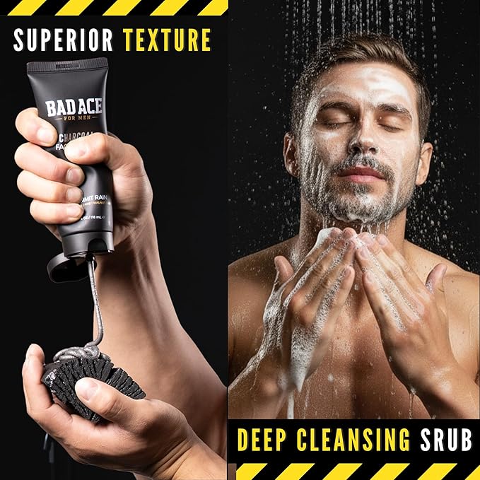 BAD ACE Daily Men's Charcoal Face Wash with Scrubs, Korean Exfoliating Face Wash - Premium Face Scrub for Men, Deep Cleansing Skin Care | Men's Facial Cleanser for Oily Skin & Normal Skin, 4 oz