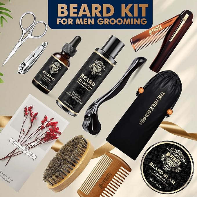 Beard Care Kit for Men - Premium Grooming & Care Set with Beard Wash, Oil, Balm, Brush, Massager Roller and Scissors - Gift Ready Kit for Him Husband - Father's Day Valentine's Day Christmas