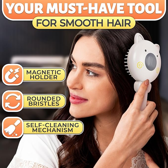 White Pig Self Cleaning Hair Brush for Women - Compact 7,87х3,66 in Retractable Hair Brush Easy Clean with Magnetic Attach - Effective Detangling and Easy Self Cleaning Hairbrushes with Soft Bristles