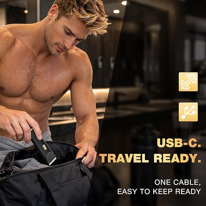 Body Trimmer for Men, Groin & Pubic Hair Trimmer, Dual-Head Electric Body Groomer for Chest, Legs, Underarms & Below-the-Waist Care, USB-C Rechargeable, Rinse-Clean, Gift for Him(Black Gold)