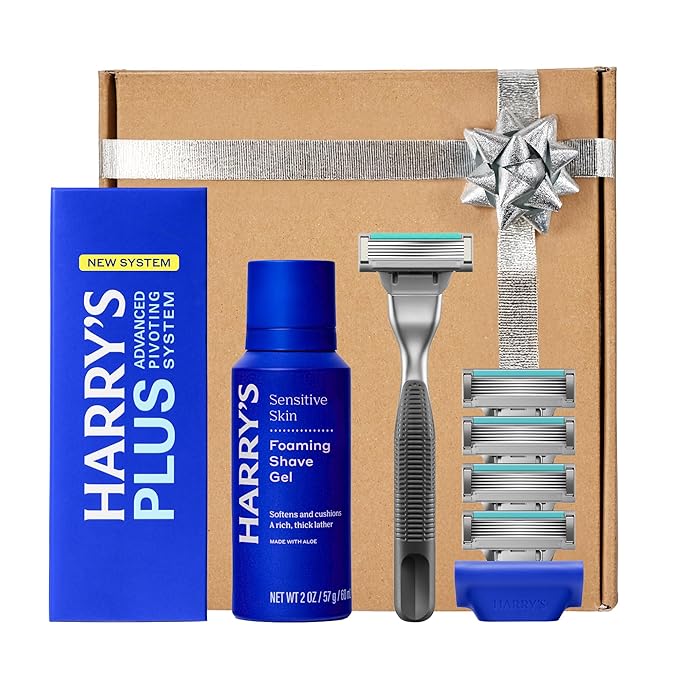 HARRY'S PLUS: Shaving Kit for Men - Gift Box with Premium Handle, 5 Razor Blade Cartridges, 2 oz Foaming Shave Gel & Travel Cover, Advanced Pivoting System - Onyx