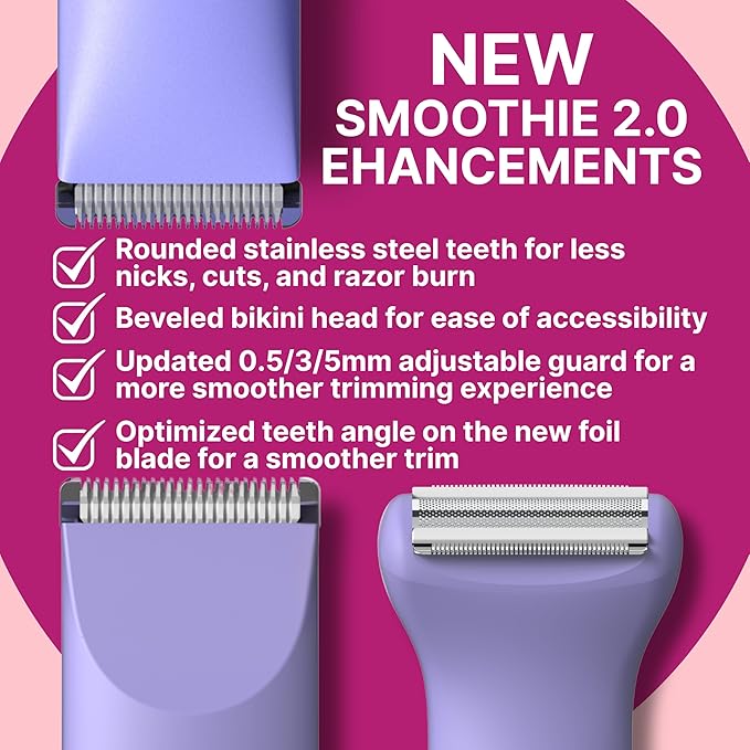 HAPPY CURVES Smoothie 2.0 Bikini Trimmer - Electric Razor for Women, Waterproof Hair Groomer with Adjustable Guards, Personal Shaver for Pubic Hair, Ladies Intimate Shaver and Body Trimmer (Mint)