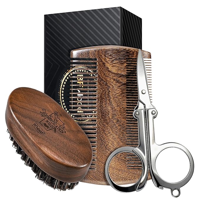 BFWood Mens Beard Brush Comb Kit: Small Travel Beard Set - Natural Boar Bristles With Black Walnut Wood, Grooming Sandalwood Mustache Comb, Mustache Trimming Sissors With Storage Bag