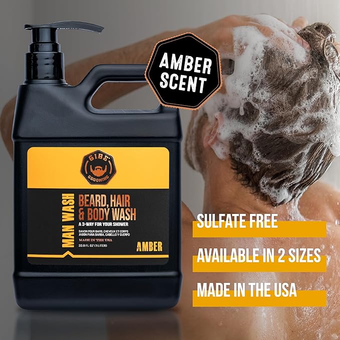 GIBS Grooming - Amber Man Wash (33.8 fl oz) 3-in-1 Beard, Hair, Body Soap - Citrus, Oak, Basil Scent - Sulfate Free - Tea Tree Oil, Hemp Oil, Protein - Mens Body Wash & Mens Shampoo - Made in USA