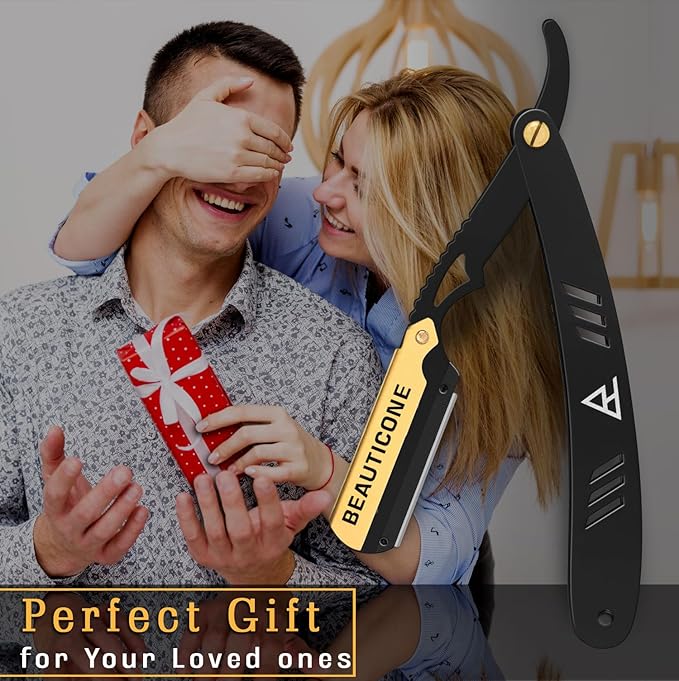 BEAUTICONE Straight Razors for Men, Straight Edge Razor, 100 Single Edge Blades, Stainless Steel, Barber Razor for Men's Shaving, Barber Shaving Knife, Swinglock