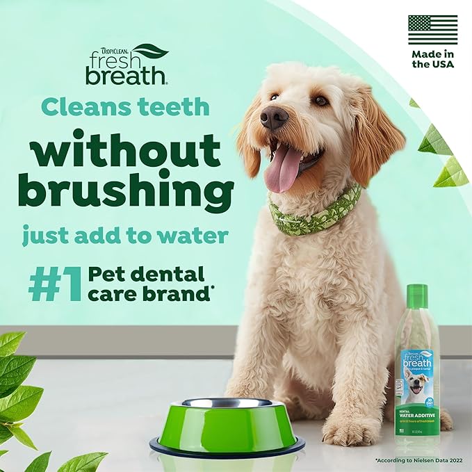 TropiClean Fresh Breath Water Additive for Dogs | Dog Breath Freshener & Teeth Cleaning Solution | No Toothpaste or Toothbrush Required | 8 oz