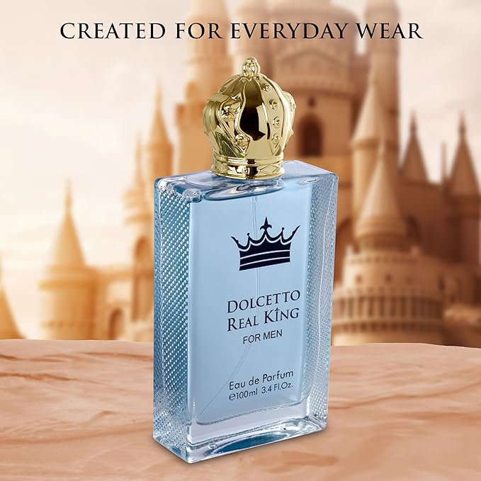 Dolcetto Real King Eau De Parfum for Men woody & Aromatic Fragrance - Citrus Notes & Pimento Essence with Masculine Base - Blend of Spicy Pepper, French Lavender & Haitian Vetiver - 100ml Bottle