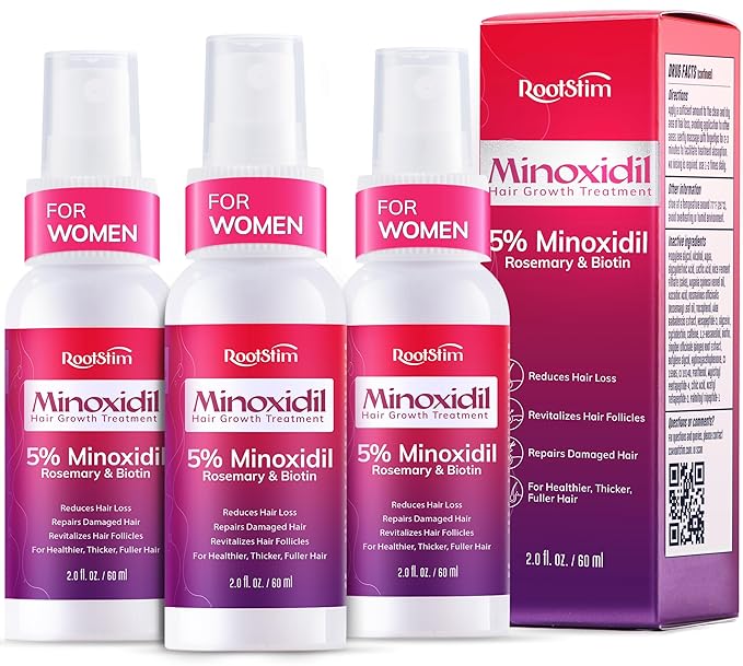 Women's 5% Minoxidil Spray for Hair Growth: 3-Pack RootStim Extra Strength Minoxidil with Rosemary & Biotin for Thinning Hair Regrowth and Fuller Hair - 60ML Each