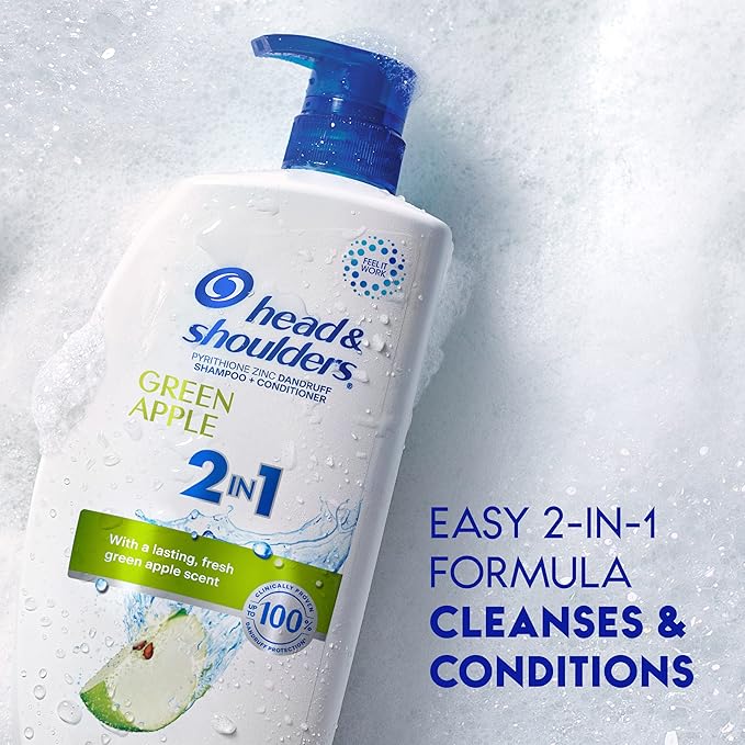 Head & Shoulders Anti-Dandruff Shampoo and Conditioner, Green Apple 2-in-1 Twin Pack, 1% Pyrithione Zinc, Flake Control, Green Apple Scent, Clean Scalp, 32.1 fl oz Each