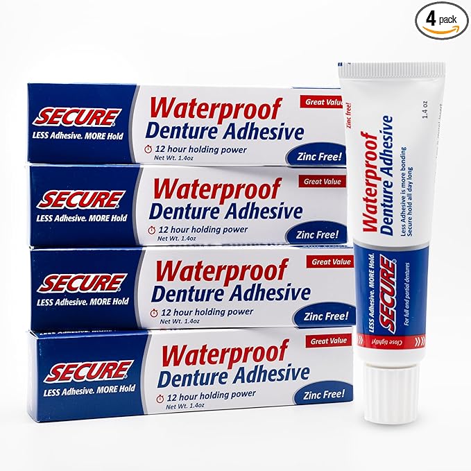 Secure Denture Adhesive Cream for Uppers, Lowers & Partials – Waterproof Seal & Zinc Free – Food Grade Ingredients - Less Adhesive, More Hold - Tube Lasts Up to 8 Weeks - 1.4 oz (4 Pack)