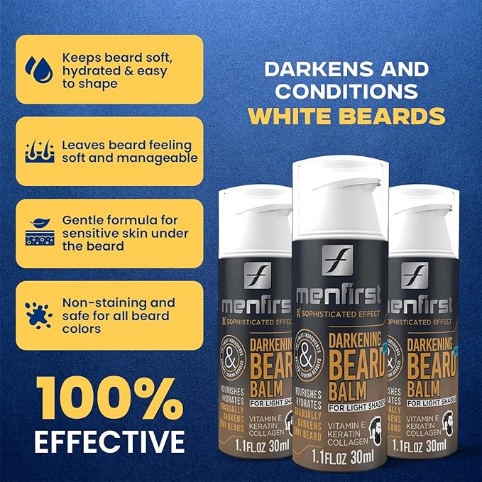 MENFIRST Darkening Beard Balm for Men with Sensitive Skin – Gray & White Hair Reducing Leave-In Conditioner with Keratin, Collagen & Vit. E – Light Shades – 1 Fl Oz (Pack of 1)