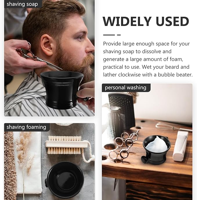PartyKindom Ceramic Shaving Soap Bowl with Handle Black Men's Shaving Cream Foaming Cup for Barber Shop Use Practical Lather Container