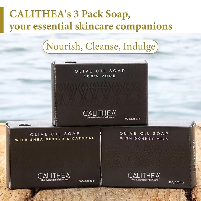 Calithea 3 Pack Olive Oil Based Soap Bars: 100% Pure Olive Oil Soap, Donkey Milk, and Shea Butter & Oatmeal Soap Bars