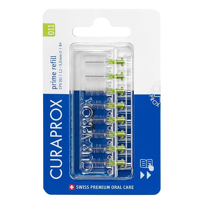 Curaprox Interdental Brush Refills CPS 011 Prime – ISO Size 3, Green | Ultra-Fine Filaments for Effective Cleaning of Narrow Spaces | 8-Pack | Swiss Made | English Packaging