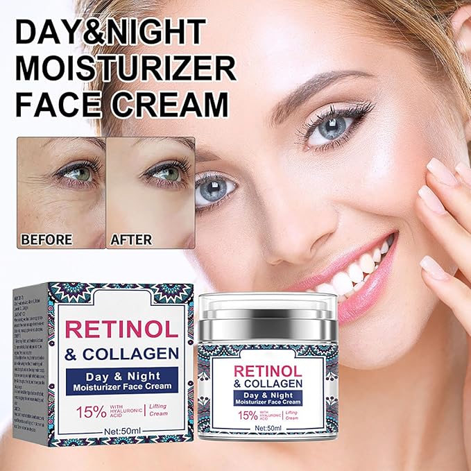 Retinol Face Cream with 15% Hyaluronic Acid, Day-Night Collagen Face Moisturizer for Lifting ＆ Firming Skin, Anti-Aging Cream for Women for Wrinkles, Fine Lines and Dryness - All Skin Types 1.7 Fl Oz