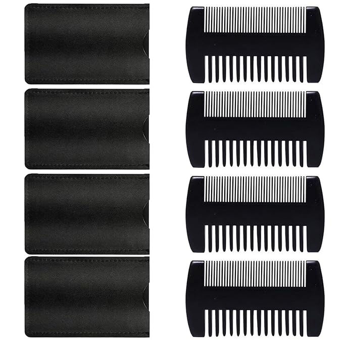4 Pack Double-Sided Pocket Comb, Wooden Dual Action Beard and Mustache Comb Set with Leather Cases for Beards and Mustaches, Everyday Styling Comb For Detangling Knots (Black lacquer)