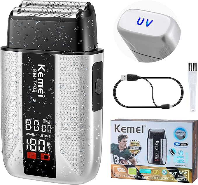 KEMEI T402 Professional Foil Shavers for Men, IPX7 Waterproof Electric Razor for Men with LED Display, Double Electric Shaver with 3 Adjustable Speeds & UV Cover
