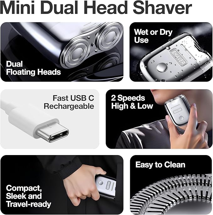 Onyx Shaver Mini Dual Head Rotary Electric Razor for Men Portable Travel Shaver USB C Rechargeable Wet or Dry Use Lightweight Pocket Size Electric Shavers for Men Two Speed Easy Clean Detachable Head