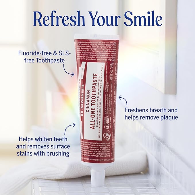 Dr. Bronner’s All-One Toothpaste – Cinnamon, 5 oz, 1-Pack – Fluoride-Free Toothpaste for Adults, SLS-Free, 70% Organic & Natural Ingredients, Vegan, Helps Freshen Breath, Reduce Plaque, Whiten Teeth