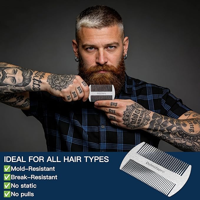 304 Stainless Steel Pocket Beard Comb for Men, Anti-Static Dual Fine Coarse Teeth Ultra-Thin Mustache Hair Grooming Comb with PU Leather Case (silvery)