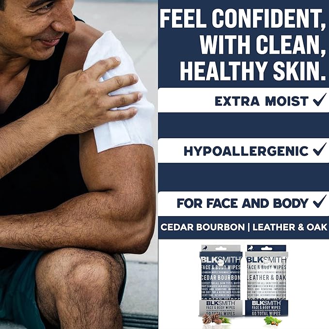 BLKSMITH Face & Body Wipes for Men - Travel Face & Body Wipes - Total 60 - Leather & Oak & Cedar Bourbon, Cool Gifts for Men 30x2 Wipe - Ideal for Gym, Office, or Outdoors, 2 Pack