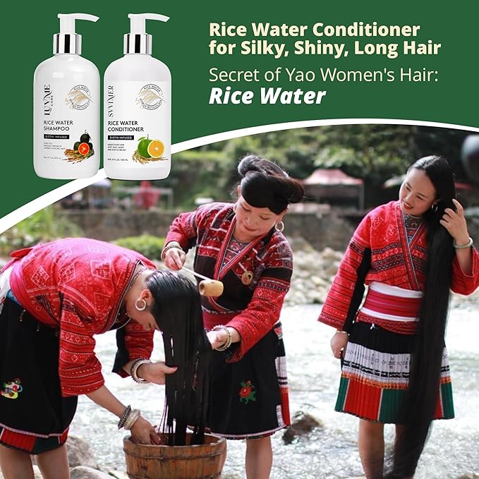 Luv Me Care Rice Water Hair Thickening Shampoo and Conditioner Set - with Biotin Strengthening and Volumizing Formula for Thinning Hair, All Hair Types, Men and Women