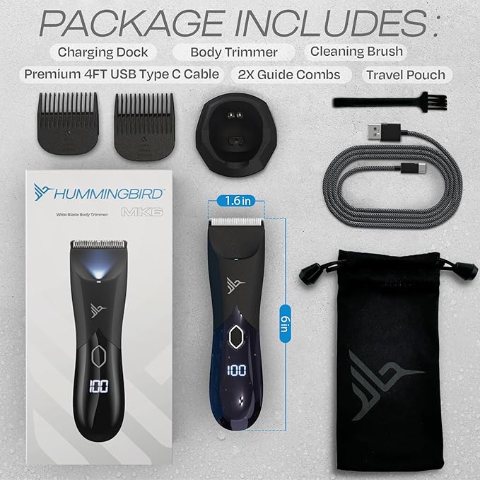 HUMMINGBIRD MK6 Body Hair Trimmer for Men – Wide Ceramic Blade, No Nick, No Cut, Ball Trimmer & Body Shaver, Waterproof, USB-C Rechargeable, LED Display, Charging Dock & Travel Pouch, Body Groomer