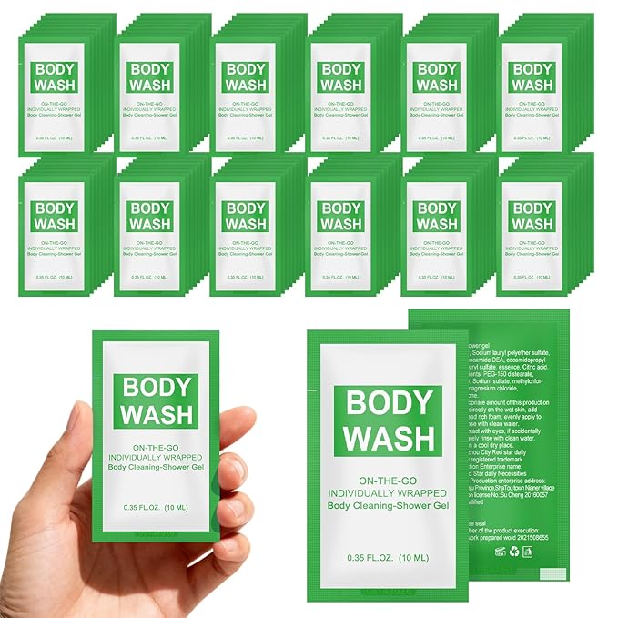 Travel Size Body Wash Packet Bulk Pack of 50,Individually Wrapped 0.35 fl oz(10 ml) Disposable Small Mini Bath Shower Gel Toiletries Supplies for Hotel,Guests,Homeless,Charity,Gym