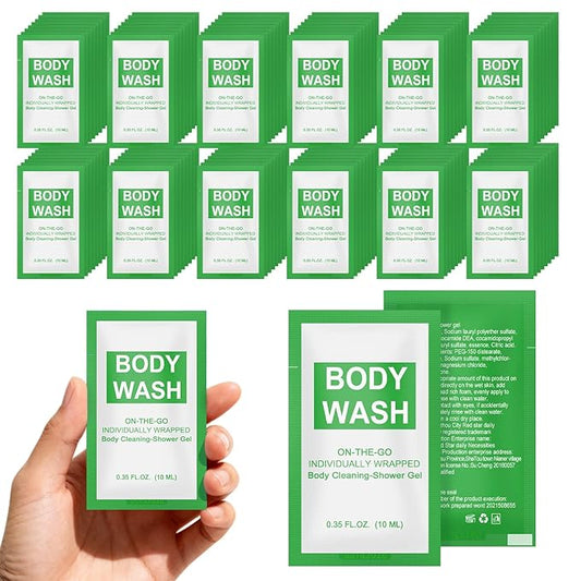 Travel Size Body Wash Packet Bulk Pack of 50,Individually Wrapped 0.35 fl oz(10 ml) Disposable Small Mini Bath Shower Gel Toiletries Supplies for Hotel,Guests,Homeless,Charity,Gym