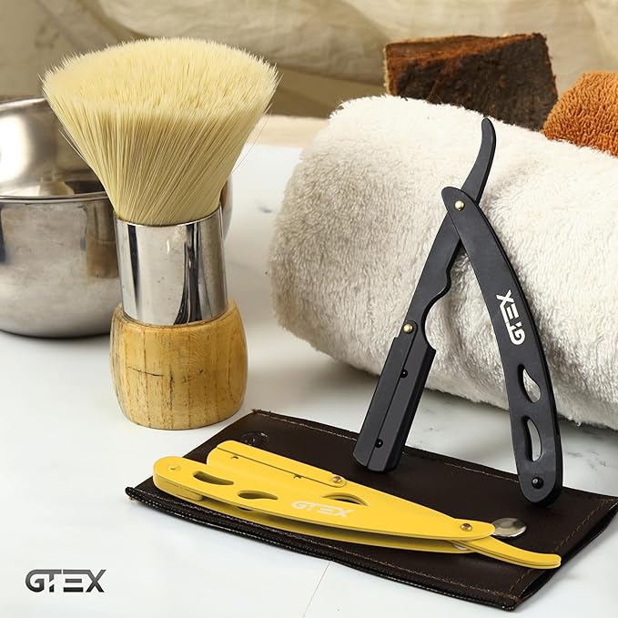 2 Straight Razor For Men (Yellow Black), 100 GTEX Premium Blades (Japanese Steel) - 2Pack Straight Edge With 100 Platinum Blades - Navajas Para Barbero - Barber For Men, Beard