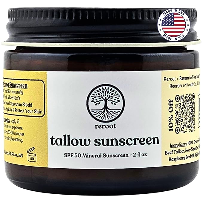 Beef Tallow Sunscreen - Non Toxic, All Natural, Non-Nano Zinc Oxide Cream - Tinted Mineral Sunscreen for Face - Reef Safe SPF 50 Sun Protection for Men Women and Children (2oz, Unscented)