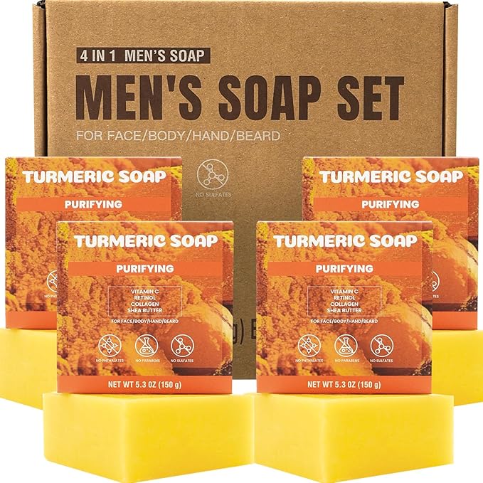 Rinse & Robust Turmeric Soap for Face & Body, Natural Handmade Bar Soap with Organic Turmeric, Shea Butter & Vitamin C, Gentle for All Skin Types Deep Cleansing Soaps for Men & Women 5.3 oz of 4 Bars