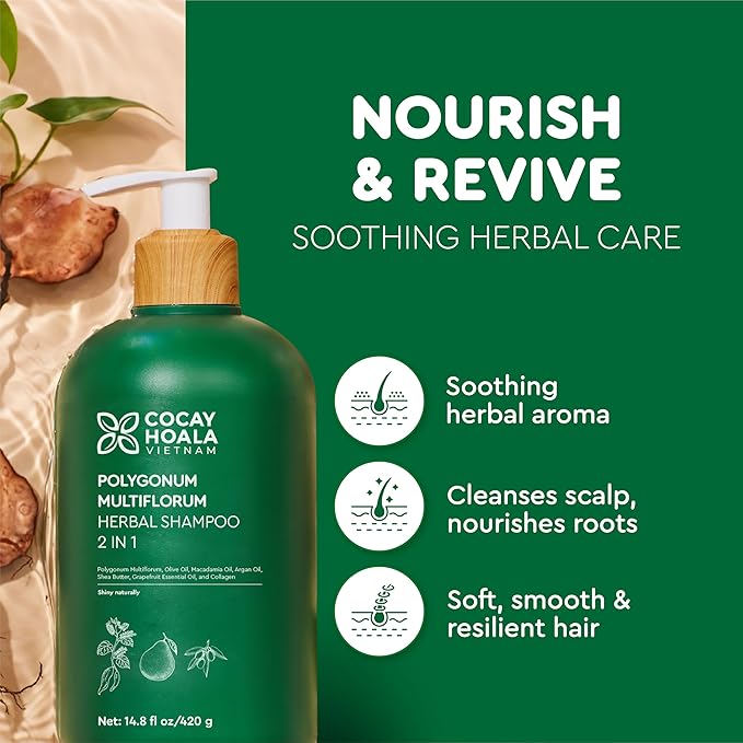 VIETNAM Hair Growth Shampoo for Thinning Hair, Shampoo for Hair Loss - 2 in1 Anti Hair Fall Shampoo & Conditioner, Strengthens Weak Roots for Thicker Fuller Hair with Polygonum Multiflorum (14.8 oz)