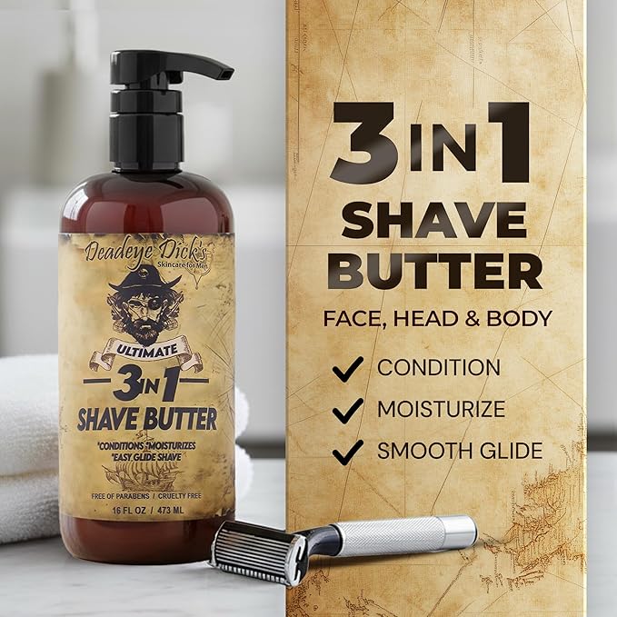 DeadeyeDick's 3-in-1 Shave Butter | Natural Shave Cream for Face, Head & Body | Gentle, Non-Irritating Formula for All Skin Types | 16 FL OZ