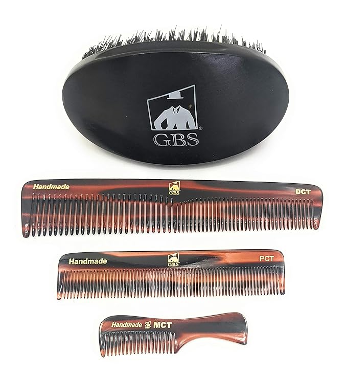 G.B.S Men’s Handmade Comb Set, Pure Synthetic Hair Brush, Dressing Comb, Pocket Comb, Mustache Comb and Military Style Hair Brush