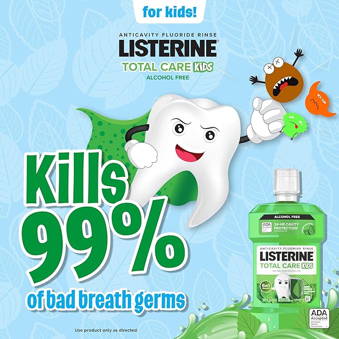 Listerine Total Care Kids Mouthwash, ADA Accepted, Alcohol-Free Anticavity Fluoride Mouthwash, Oral Rinse for Cavity Protection and Fresh Breath, Mint Shield Flavor, Twin Pack, 2 x 500 mL