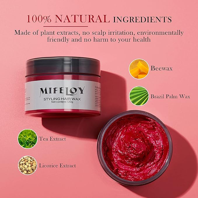 Temporary Red Hair Spray Color Wax with Dye Brush, Instant Natural Hairstyle Cream 4.23 oz, Disposable Coloring Mud for Men Women Youth, Washable Styling Pomades, Party Cosplay DIY Halloween