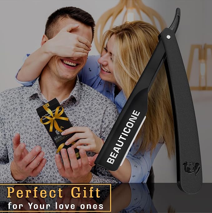 BEAUTICONE® Straight Razors for Men – Professional Barber Straight Edge Razor Kit with Replaceable Single Edge Blades - Navajas Para Barbero - Pouch Gift Box 1.2 mm Exposed for Close Shave Ultra Light