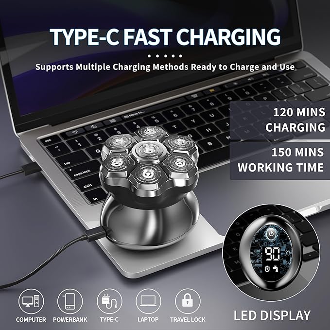 Head Shavers for Bald Men,Magnetic Head Shaver,Waterproof Wet Dry Shaving,Electric Bald Head Razor,LED Display,Cordless Rechargeable 7D Shaver for Scalp/Face/Beard with Type-C Charge
