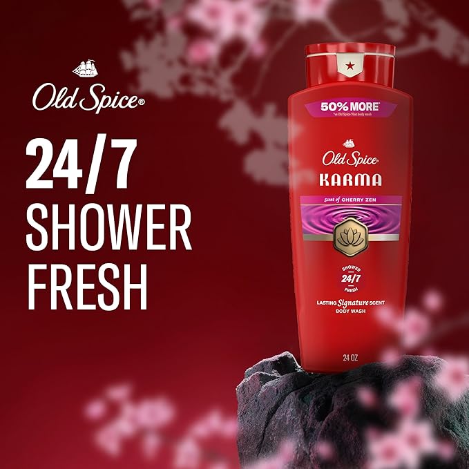 Old Spice Body Wash for Men, 24/7 Shower Fresh & Clean w/Daily Use, Lasting Signature Scent, Refreshing Lather, Moisturizing Formula, Karma with Cherry Spice, Black Pepper, & Sandalwood Scent, 24 oz