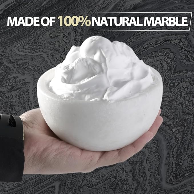 Koville White Marble Shaving Soap Bowl Handmade from Natural Marble, Heat Retaining Stone Provides a Luxurious Hot Shave Experience, Shaving Bowl Gift for Men with 2 Pack Shaving Brush