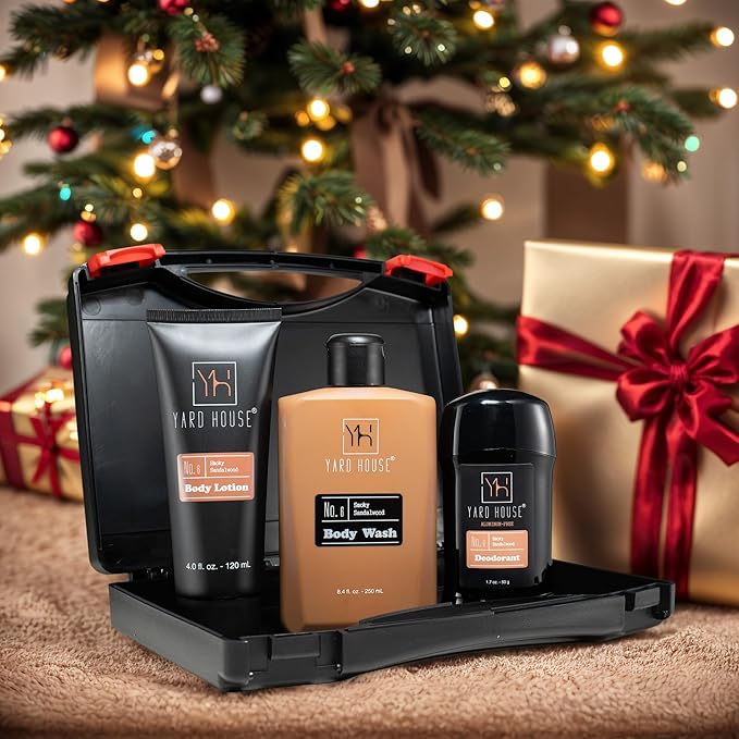 Men’s Bath Gift Set – Smoky Sandalwood | 4-Piece Grooming Kit with Body Wash, Body Lotion & Deodorant in Travel Toolbox Case – Perfect for Father’s Day, Christmas, Birthdays & Holidays