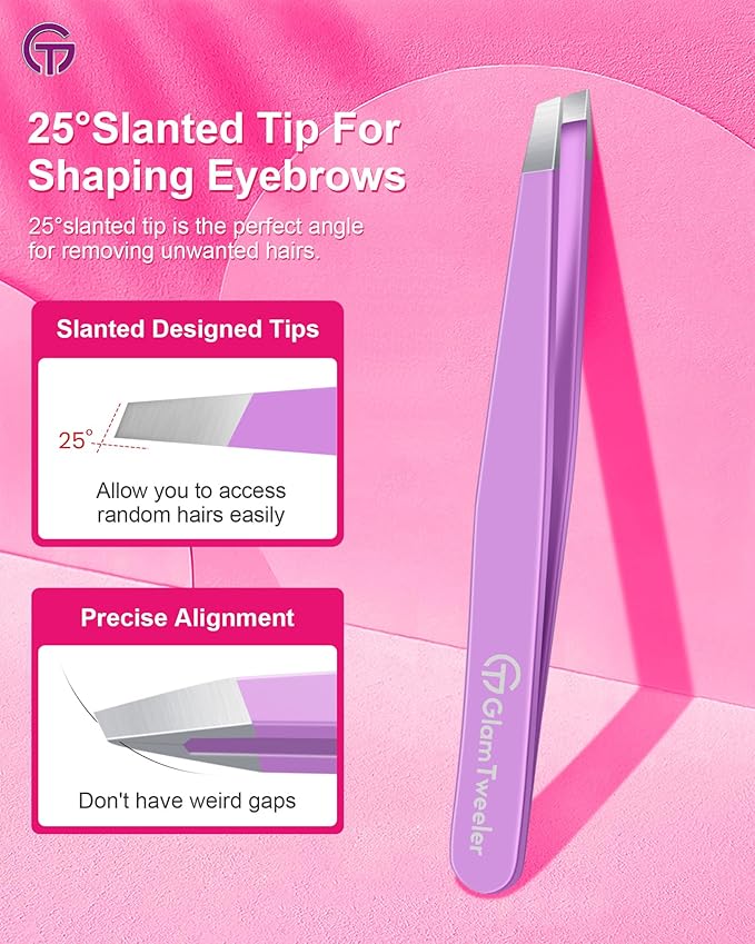 Expert Slant Tip Tweezers with Leather Case, GlamTweeler Sharp & Precision Stainless Steel Tweezer for Eyebrows, Facial Hair and Fine Hairs Removal (Violet)