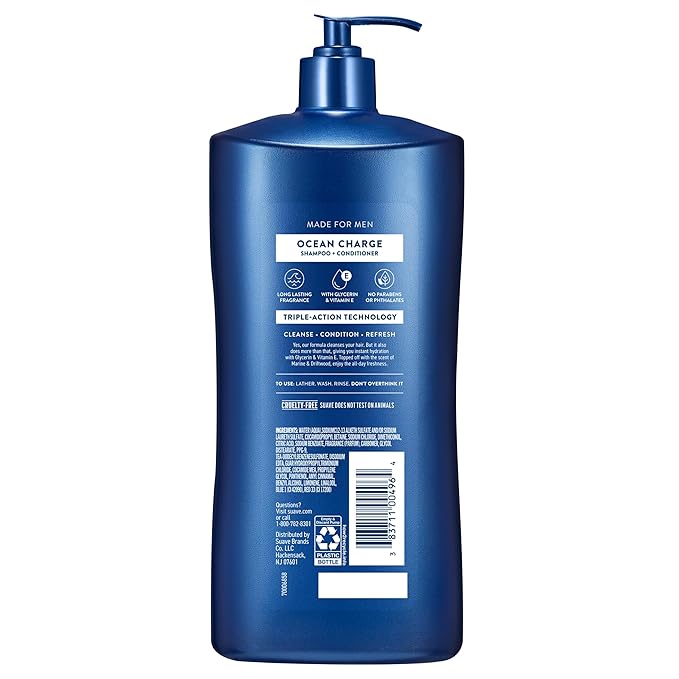 Suave Men Ocean Charge 2 in 1 Refreshing Shampoo & Conditioner with Pro Vitamin B5, Hydrates & Revitalizes Hair, Ocean Fresh Scent, 4 Count, 40 FL OZ Pump