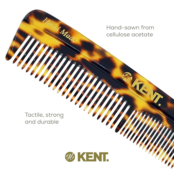 Kent R7T TY Fine and Wide Tooth Hair Comb, Handmade Pocket Comb for Men, Beard and Mustache Combs for Everyday Grooming and Styling, Sawcut Kent Combs, Made in England
